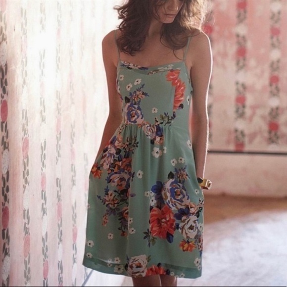 Anthropologie Moulinette Soeurs Green Floral Silk Spaghetti Strap Dress - Picture 2 of 12